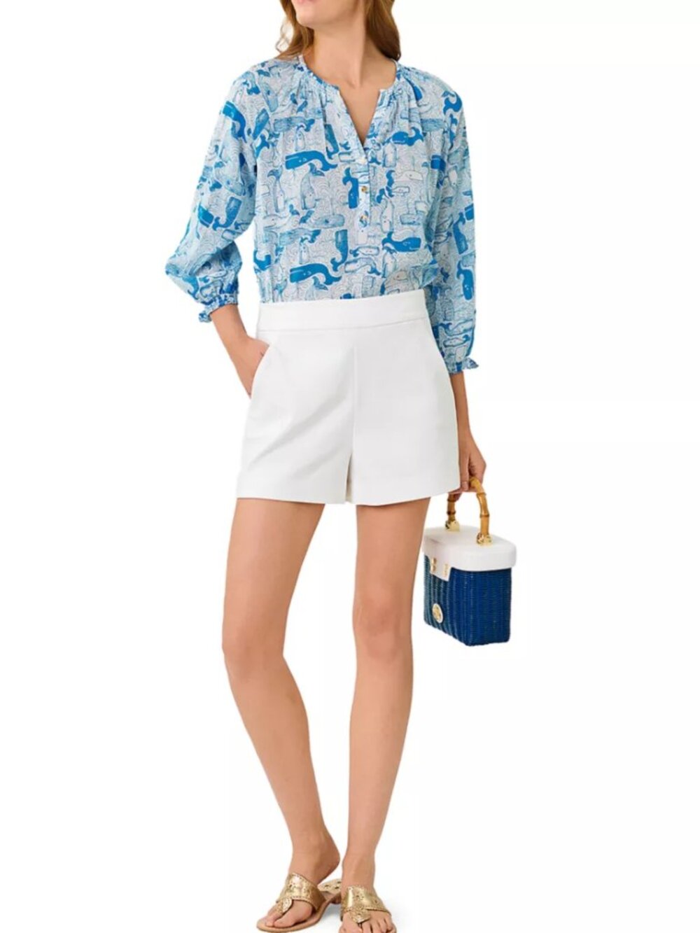 Lilly Pulitzer NWT blue white Andria 3/4 sleeve Top Thar She Blows $148 Size XL